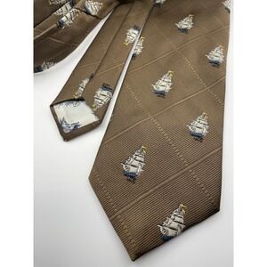 Vintage Pride of America Men's Brown Nautical Ship Pattern Silk Necktie